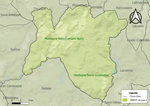 Carte de la ZNIEFF de type 2 sur la commune.
