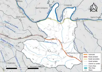 Carte en couleur présentant le réseau hydrographique de la commune