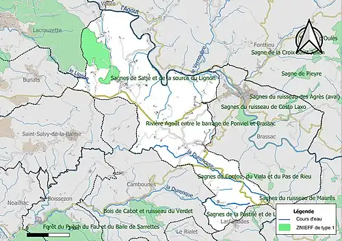Carte des ZNIEFF de type 1 sur la commune.