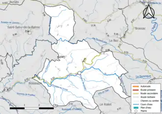 Carte en couleur présentant le réseau hydrographique de la commune