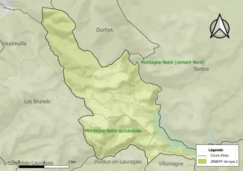 Carte des ZNIEFF de type 2 sur la commune.