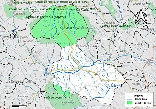 Carte des ZNIEFF de type 1 sur la commune.