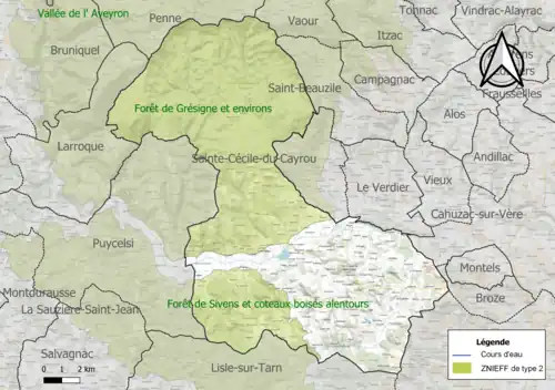 Carte des ZNIEFF de type 2 sur la commune.