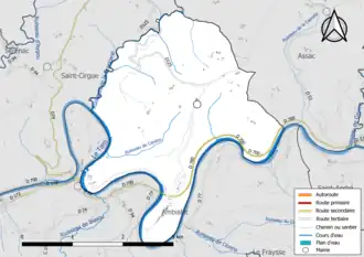 Carte en couleur présentant le réseau hydrographique de la commune