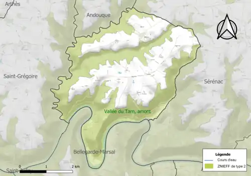 Carte de la ZNIEFF de type 2 sur la commune.