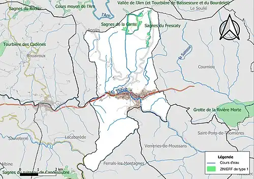 Carte des ZNIEFF de type 1 sur la commune.