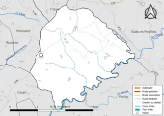 Carte en couleur présentant le réseau hydrographique de la commune