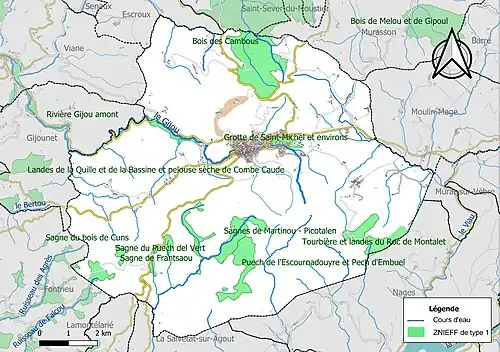 Carte des ZNIEFF de type 1 sur la commune.