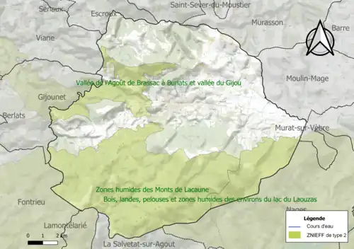 Carte des ZNIEFF de type 2 sur la commune.