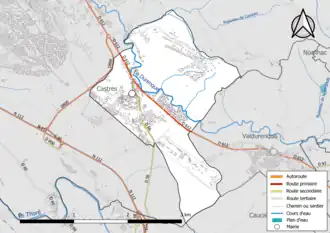 Carte en couleur présentant le réseau hydrographique de la commune