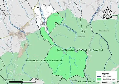 Carte des ZNIEFF de type 1 sur la commune.