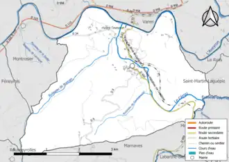 Carte en couleur présentant le réseau hydrographique de la commune