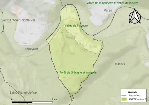 Carte des ZNIEFF de type 2 sur la commune.