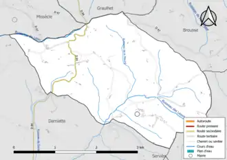 Carte en couleur présentant le réseau hydrographique de la commune