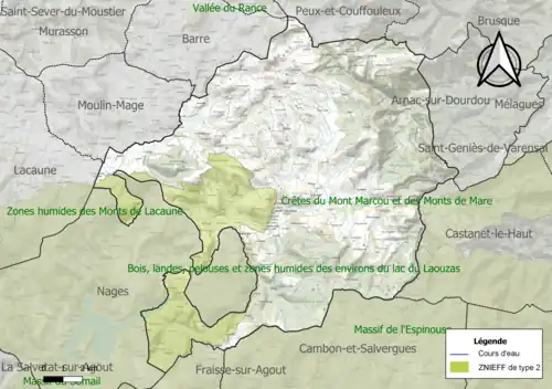 Carte de la ZNIEFF de type 2 sur la commune.