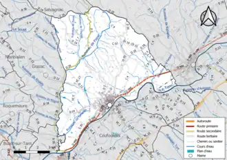 Carte en couleur présentant le réseau hydrographique de la commune