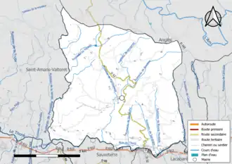 Carte en couleur présentant le réseau hydrographique de la commune