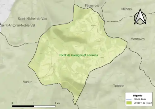 Carte de la ZNIEFF de type 2 sur la commune.