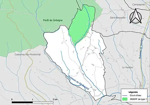 Carte de la ZNIEFF de type 1 sur la commune.
