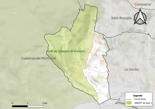 Carte de la ZNIEFF de type 2 sur la commune.