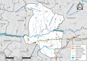 Carte en couleur présentant le réseau hydrographique de la commune