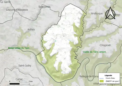 Carte de la ZNIEFF de type 2 sur la commune.