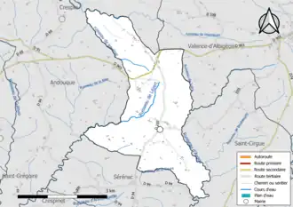 Carte en couleur présentant le réseau hydrographique de la commune