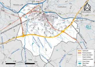 Carte en couleur présentant le réseau hydrographique de la commune