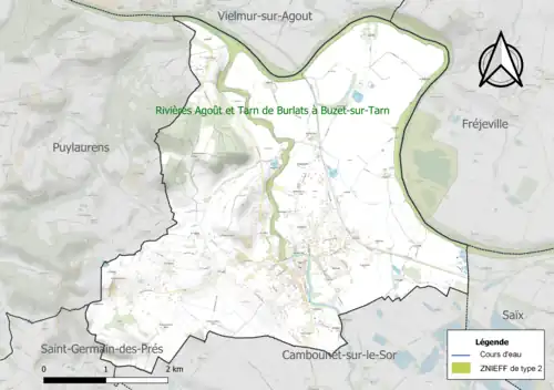 Carte de la ZNIEFF de type 2 sur la commune.