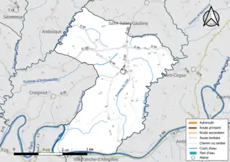 Carte en couleur présentant le réseau hydrographique de la commune