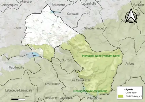 Carte de la ZNIEFF de type 2 sur la commune.