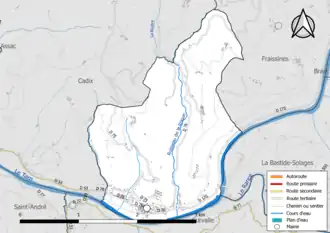 Carte en couleur présentant le réseau hydrographique de la commune