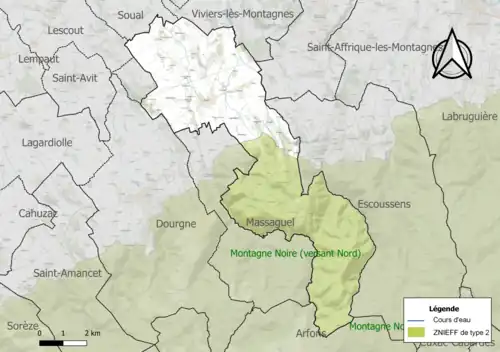 Carte de la ZNIEFF de type 2 sur la commune.
