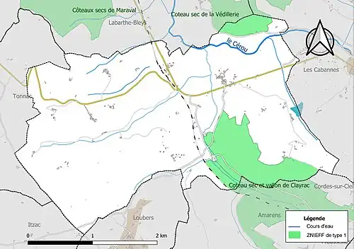 Carte des ZNIEFF de type 1 sur la commune.