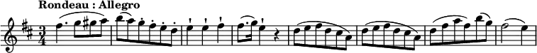
\relative c' {
\version "2.18.2"
\key d \major
\time 3/4
\tempo "Rondeau : Allegro"
\tempo 4 = 150
fis'4. (g8 gis a)  b (a) g-. fis-. e-. d-.
e4-! e4-! fis4-! fis8. (g16) e4-! r4
d8 (e fis d cis a) d8 (e fis  d cis a)
d8 (fis a fis) b (g) fis2 (e4)
} 
