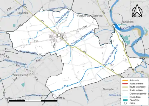 Carte en couleur présentant le réseau hydrographique de la commune