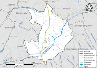 Carte en couleur présentant le réseau hydrographique de la commune