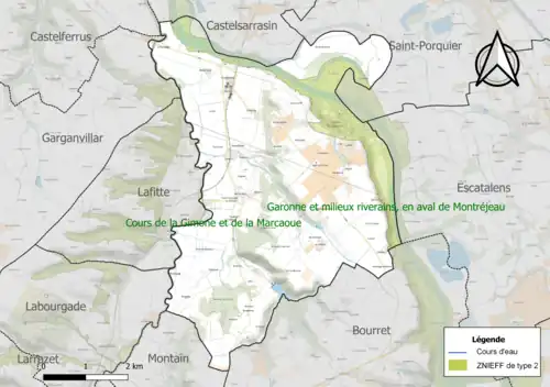 Carte des ZNIEFF de type 2 sur la commune.