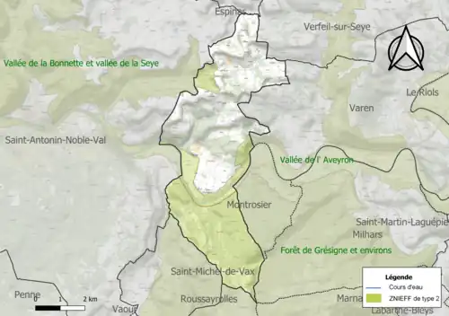 Carte des ZNIEFF de type 2 sur la commune.