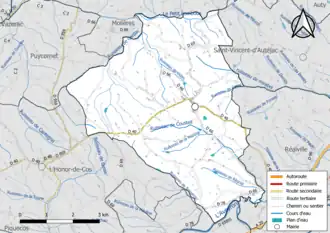 Carte en couleur présentant le réseau hydrographique de la commune