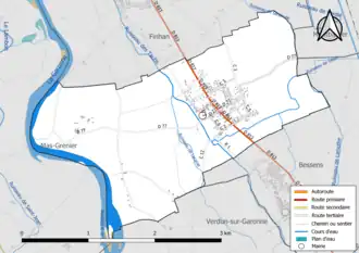 Carte en couleur présentant le réseau hydrographique de la commune