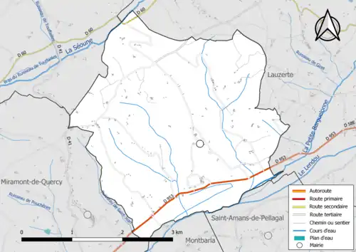 Carte en couleur présentant le réseau hydrographique de la commune