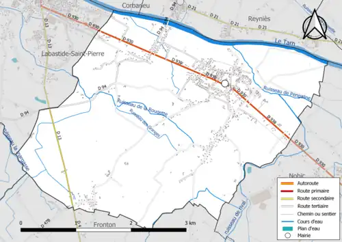 Carte en couleur présentant le réseau hydrographique de la commune