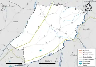 Carte en couleur présentant le réseau hydrographique de la commune
