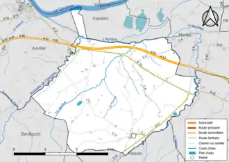 Carte en couleur présentant le réseau hydrographique de la commune