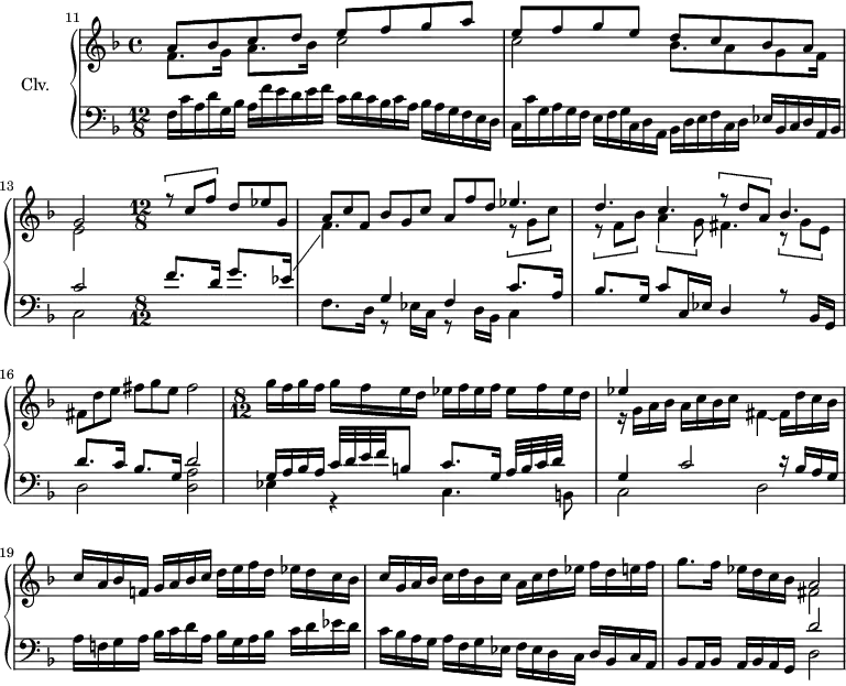 
\version "2.18.2"
\header {
  tagline=##f
}
upper=\relative c'' {
  \clef treble
  \key f \major
  \time 12/8
  \set Staff.timeSignatureFraction=4/4
  \tempo 4=60
  \set Score.currentBarNumber=#11
  \override TupletBracket.bracket-visibility=##f
  \bar ""

  << { a8 bes c d e f g a|e f g e d c bes a|g2 } \\ { f8.*8/9 g16*4/3 a8.*8/9 bes16*4/3 c2|c2 bes8.*8/9 a8 g f16*4/3|e2 } >>
  \set Staff.timeSignatureFraction=12/8
  << { \times 2/3 { r8 c' f } \times 2/3 { d ees g, } \times 2/3 { a8 c f, } \times 2/3 { bes8 g c } \times 2/3 { a8 f' d } } \\ { \stemUp \change Staff="lower" f,8. d16 g8. ees16 \showStaffSwitch \stemDown \change Staff="upper" f4. } >>
  << { \times 2/3 { ees'4. }|\times 2/3 { d } \times 2/3 { c } \times 2/3 { r8 d a } \times 2/3 { bes4. } } \\ { \times 2/3 { r8 g c } \times 2/3 { r8 f, bes } \times 2/3 { a4 g8 } \times 2/3 { fis4. } \times 2/3 { r8 g e } } >>
  \times 2/3 { fis d' e } \times 2/3 { fis g  e } fis2

  \time 4/4
  \set Staff.timeSignatureFraction=8/12
   g16 f g f  g f e d  ees f ees f  ees f ees d 
  << { ees4 } \\ { r16 g, a bes a c bes c fis,4~ fis16 d' c bes|} >>
  c16 a bes f! g a bes c d e f d ees d c bes|c g a bes  c d bes c  a c d ees  f d e! f  g8. f16 ees d c bes 
  << { a2 } \\ { fis2 } >>

}

lower=\relative c {
  \clef bass
  \key f \major
  \time 4/4
  \set Staff.timeSignatureFraction=12/8
  \override TupletBracket.bracket-visibility=##f

   \times 2/3 { f16[ c' a d g, bes] a[ f' e d e f] c[ d c bes c a] bes[ a g f e d]|
   c[ c' g a g f] e[ f g c, d a] bes[ d e f c d] ees[ bes c d a bes] }
   << { c'2 } \\ { c,2 }  >>  \time 4/4
   \set Staff.timeSignatureFraction=8/12
   << { s2. g'4 f  c'8. a16 bes8. g16 c8 c,16 ees d4 r8 bes16 g } \\ { s2 f'8. d16 r8 ees16 c r8 d16 bes c4 } >>
   << { d'8. c16 bes8. g16 d'2|g,16 a bes a c32 d e f b,!8 c8. g16 a32 b c d s8 g,4 c2 r16 bes a g } \\ { d2 < a' d, >|ees4 r4 c4. b!8|c2 d } >>
   a'16 f! g a bes c d  a bes g a bes c d ees d|c bes a g  a f g ees  f ees d c  d bes c a |bes8 a16 bes a bes a g 
   << { d''2 } \\ { d,2 } >>
   
}

\score {
  \new PianoStaff <<
    \set PianoStaff.instrumentName=#"Clv."
    \new Staff="upper" \upper
    \new Staff="lower" \lower
  >>
  \layout {
      #(layout-set-staff-size 17)
    \context {
      \Score
     \override SpacingSpanner.common-shortest-duration=#(ly:make-moment 1/2)
      \omit TupletNumber
      \remove "Metronome_mark_engraver"
    }
  }
  \midi { \set Staff.midiInstrument=#"harpsichord" }
}

