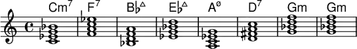 <<
    \new ChordNames \chordmode {
  c1:m7 f:7 bes:maj7 ees:maj a:m7.5- d:7 g:min g:min 
  }
  \new Staff \relative c'{
<c ees g bes> < f a c ees > <bes, d f a> <ees g bes d> <a, c ees g> <d fis a c> <g bes d f> <g bes d f> }

  >>