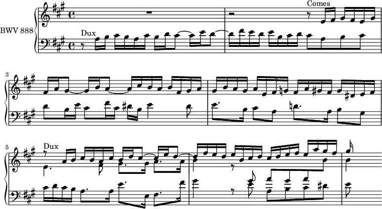 
\version "2.18.2"
\header {
  tagline = ##f
}

Dux           = { r8^\markup{Dux} a16 b cis b a cis b d cis8~ cis16 e d8~ d16 fis e d e b cis d }
Comes         = { r8^\markup{Comes} e16 fis gis fis e gis fis a gis8~ gis16 b a8~ a16 cis b a b fis gis a } 

upper = \relative c' {
  \clef treble 
  \key a \major
  \time 4/4
  \tempo 4 = 72
  \set Staff.midiInstrument = #"harpsichord" 

   %% FUGUE CBT II-19, BWV 888, la majeur
   R1 r2 \Comes gis16 b a gis a e fis g fis a gis fis gis dis e fis
   << { \Dux cis16 d e fis e a gis fis gis16 } \\ { e,4. fis8 gis8. gis16 a8. a16 b4 r8 s2 s8 b4~ } >>

}

lower = \relative c' {
  \clef bass 
  \key a \major
  \time 4/4
  \set Staff.midiInstrument = #"harpsichord" 
    
   \Dux cis8 a b cis d b16 e cis8 fis16 cis dis b e4 dis8 | e8. b16 cis8 a d!8. a16 b8 gis cis16 d cis b a8. a16 e'8. e,16 fis8. fis'16 
   << { \stemDown gis4 r8 \stemUp gis8 a gis a \stemDown \change Staff = "upper" b8 } \\ { s4 s8 e,8 a, b cis dis e } >>
    
} 

\score {
  \new PianoStaff <<
    \set PianoStaff.instrumentName = #"BWV 888"
    \new Staff = "upper" \upper
    \new Staff = "lower" \lower
  >>
  \layout {
    \context {
      \Score
      \remove "Metronome_mark_engraver"
    }
  }
  \midi { }
}
