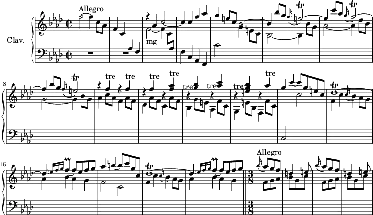 
\version "2.18.2"
\header {
  tagline = ##f
  % composer = "Domenico Scarlatti"
  % opus = "K. 204a"
  % meter = "Allegro"
}

%% les petites notes
trillEb        = { \tag #'print { e2\trill^~ } \tag #'midi { f32 e f e~ e8~ e4~ } }
trillFb        = { \tag #'print { f2\trill^~ } \tag #'midi { g32 f g f~ f8~ f4~ } }
trillF         = { \tag #'print { f4^\markup{tre} } \tag #'midi {  \repeat unfold 4 { g32 f } } }
trillAesAcc    = { \tag #'print { < f aes >4^\markup{tre} } \tag #'midi { << { \repeat unfold 4 { bes32 aes } } \\ { f4 } >> } }
trillGAcc      = { \tag #'print { < g bes >4-\tweak X-offset #-3 -\tweak extra-offset #'(-0.2 . 9.6)-\markup{tre} } \tag #'midi { << { \repeat unfold 4 { aes32 g } } \\ { bes4 } >> } }
trillAAcc      = { \tag #'print { < aes c >4-\tweak X-offset #-3 -\tweak extra-offset #'(-0.2 . 10.3)-\markup{tre} } \tag #'midi { << { \repeat unfold 4 { bes32 aes } } \\ { c4 } >> } }
trillEGAcc     = { \tag #'print { < e, g bes >4-\tweak X-offset #-3 -\tweak extra-offset #'(-0.5 . 10.9)-\markup{tre} } \tag #'midi { << { \repeat unfold 4 { aes32 g } } \\ { < e, bes >4 } >> } }
trillA         = { \tag #'print { aes'4^\markup{tre} } \tag #'midi {  \repeat unfold 4 { bes32 aes } } }
trillFL        = { \tag #'print { f4\prall~ } \tag #'midi { g32 f g f~ f8~ } }
trillDesr      = { \tag #'print { des1\trill^~ } \tag #'midi { \repeat unfold 2 { ees32 des~ } des8~ des2.~ } }


upper = \relative c'' {
  \clef treble 
  \key f \minor
  \time 2/2
  \tempo 2 = 70
  \set Staff.midiInstrument = #"harpsichord"
  \override TupletBracket.bracket-visibility = ##f

      s8*0^\markup{Allegro}
      f2~ f4 c8 aes | f4 c \stemUp \change Staff = "lower"  aes f \stemUp \change Staff = "upper" | r4 aes'4 c2~ | c4 c f aes |
      % ms. 5
      g4 e8 c bes2^~ | bes4 bes'8 g \appoggiatura f16 \trillEb | e4 c'8 aes \appoggiatura g16 \trillFb | f4 bes8 g \appoggiatura f16 \trillEb |
      % ms. 9
      \repeat unfold 3 { r4 \trillF } r4 \trillAesAcc | r4 \trillGAcc r4 \trillAAcc | r4 \trillEGAcc r4 \trillA |
      % ms. 13
      g4 c~ c8 g e c | \trillDesr | des4 \grace {   \tempo 2 = 25 e16 f g }   \tempo 2 = 70 \trillFL f8 e f g | aes4 b4~ b8 c g c, |
      % ms. 17
      \trillDesr | des4 \grace {   \tempo 2 = 25 e16 f g }   \tempo 2 = 70 \trillFL f8 e f \tempo 2 = 20 g  \bar "||"   \time 3/8 s4*0^\markup{Allegro} \tempo 4. = 72
      % ms. 19 - 3/8
      \repeat unfold 2 { \appoggiatura bes16 aes8 g f | d4 e8 }

}

lower = \relative c' {
  \clef bass
  \key f \minor
  \time 2/2
  \set Staff.midiInstrument = #"harpsichord"
  \override TupletBracket.bracket-visibility = ##f

    % ************************************** \appoggiatura a16  \repeat unfold 2 {  } \times 2/3 { }   \omit TupletNumber 
      R1*2 | \stemDown \change Staff = "upper"  f2_~-\markup{mg} f4 c8 \stemUp \change Staff = "lower"  aes | \stemNeutral f4 c aes f |
      % ms. 5
      c''2 \stemDown \change Staff = "upper" g'4 e8 c | bes2_~ bes4  bes'8 g | aes2_~ aes4 des8 bes | g2_~ g4 bes8 g |
      % ms. 9
      aes4 c8 aes f4 aes8 f | des4 aes'8 f c4 aes'8 f | bes,4 g'8 e aes,4 f'8 c | g4 e'8 bes f4 f'8 c |
      % ms. 13
      \stemUp \change Staff = "lower" c,2 \stemDown \change Staff = "upper" c''2 | f,4 c' \appoggiatura c16 bes4 aes8 g | aes4  bes aes g | f2 c |
      % ms. 17
      f4 c' \appoggiatura c16 bes4 aes8 g | aes4  bes aes g | \time 3/8 \grace s16
      % ms. 19 - 3/8
      \repeat unfold 2 { f8 g aes | bes g c }

}

thePianoStaff = \new PianoStaff <<
    \set PianoStaff.instrumentName = #"Clav."
    \new Staff = "upper" \upper
    \new Staff = "lower" \lower
  >>

\score {
  \keepWithTag #'print \thePianoStaff
  \layout {
      #(layout-set-staff-size 17)
    \context {
      \Score
     \override SpacingSpanner.common-shortest-duration = #(ly:make-moment 1/2)
      \remove "Metronome_mark_engraver"
    }
  }
}

\score {
  \keepWithTag #'midi \thePianoStaff
  \midi { }
}

