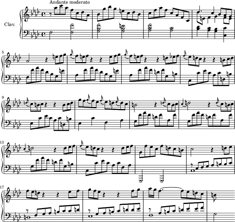 
\version "2.18.2"
\header {
  tagline = ##f
}

%% les petites notes
trillFqq     = { \tag #'print { f8\prall } \tag #'midi { g32 f g f } }


upper = \relative c'' {
  \clef treble 
  \key f \minor
  \time 4/4
  \tempo 4 = 72
  \set Staff.midiInstrument = #"harpsichord"
  \override TupletBracket.bracket-visibility = ##f
  \omit TupletNumber

      s8*0^\markup{Andante moderato} 
      r8 aes'8 c aes f c des aes | bes g' bes g e! c des bes | c f aes f c aes f c | << { \mergeDifferentlyDottedOn des'4. c4 bes8 aes g } \\ { des'8 e, f4 g f8 e } >>
      % ms. 5
      aes2 r4 \repeat unfold 2 { \times 2/3 { e'8[ f g] } \times 2/3 { \appoggiatura g16 f8[ e f] } r4 r4 } \times 2/3 { d8 ees f } |
      % ms. 8
      \times 2/3 { \appoggiatura f16 ees8[ d c] } r4 r4 \times 2/3 { b8[ c d] } | \times 2/3 { \appoggiatura d16 c8[ b c] } r4 r4 \times 2/3 { b8[ c d] } | g8 f \appoggiatura g16 f8 ees \appoggiatura f16 ees8 d \appoggiatura ees16 d8  c |
      % ms. 11
      b2 r4 \repeat unfold 2 { \times 2/3 { \appoggiatura d16 c8[ b c] } \appoggiatura c4 d2 r4 } \times 2/3 { d8 ees f } |
      % ms. 14
      \times 2/3 { \appoggiatura f16 ees8[ d c] } r4 r4 \times 2/3 { d8 ees f } | g,8 f' ees c f d  c b | c2 r4 d8 ees | \times 2/3 { f8 ees d } r4 r4 ees8 f |
      % ms. 18
      \times 2/3 { g8 f ees }  r4 r4 f8 g | aes16 g f4.~ f8 ees d c | b8 s8 s4 

}

lower = \relative c {
  \clef bass
  \key f \minor
  \time 4/4
  \set Staff.midiInstrument = #"harpsichord"

    % **************************************
       % ms. 21       
       f2 < f f' >2 | < g bes f' > < g bes e > < aes c f > < aes c > | < bes des >4 < aes c > < g bes> < c, c' > |
       % ms. 5
       f8 f' aes f  des bes g e' | aes, f' aes f  des bes g e' | aes, f' aes f  d f g, b | 
       % ms. 8
       c,8 c' ees c  aes c d, b' | ees, c' ees c  aes c d, b' | ees,4 c' f, aes | 
       % ms. 11
       g8 f' aes f  d f aes, f' | g, f' aes f  d f aes, f' | g, f' aes f  d f g, b | 
       % ms. 14
       c,8 c' ees c  aes c f, aes | g,,2 g | << { r8 ees''8 f g  aes b b c  } \\ { c,1 } >>
       % ms. 18
       << { r8 f8 g aes b c c d | r8 g,8 aes b c d d ees | r8 aes, b c d  ees ees f } \\ { d,1 | ees | f | g2 } >>

}

thePianoStaff = \new PianoStaff <<
    \set PianoStaff.instrumentName = #"Clav."
    \new Staff = "upper" \upper
    \new Staff = "lower" \lower
  >>

\score {
  \keepWithTag #'print \thePianoStaff
  \layout {
      #(layout-set-staff-size 17)
    \context {
      \Score
     \override SpacingSpanner.common-shortest-duration = #(ly:make-moment 1/2)
      \remove "Metronome_mark_engraver"
    }
  }
}

\score {
  \keepWithTag #'midi \thePianoStaff
  \midi { }
}
